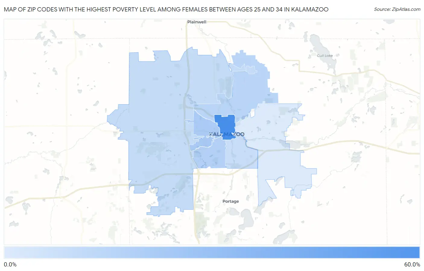 Zip Codes with the Highest Poverty Level Among Females Between Ages 25 and 34 in Kalamazoo Map