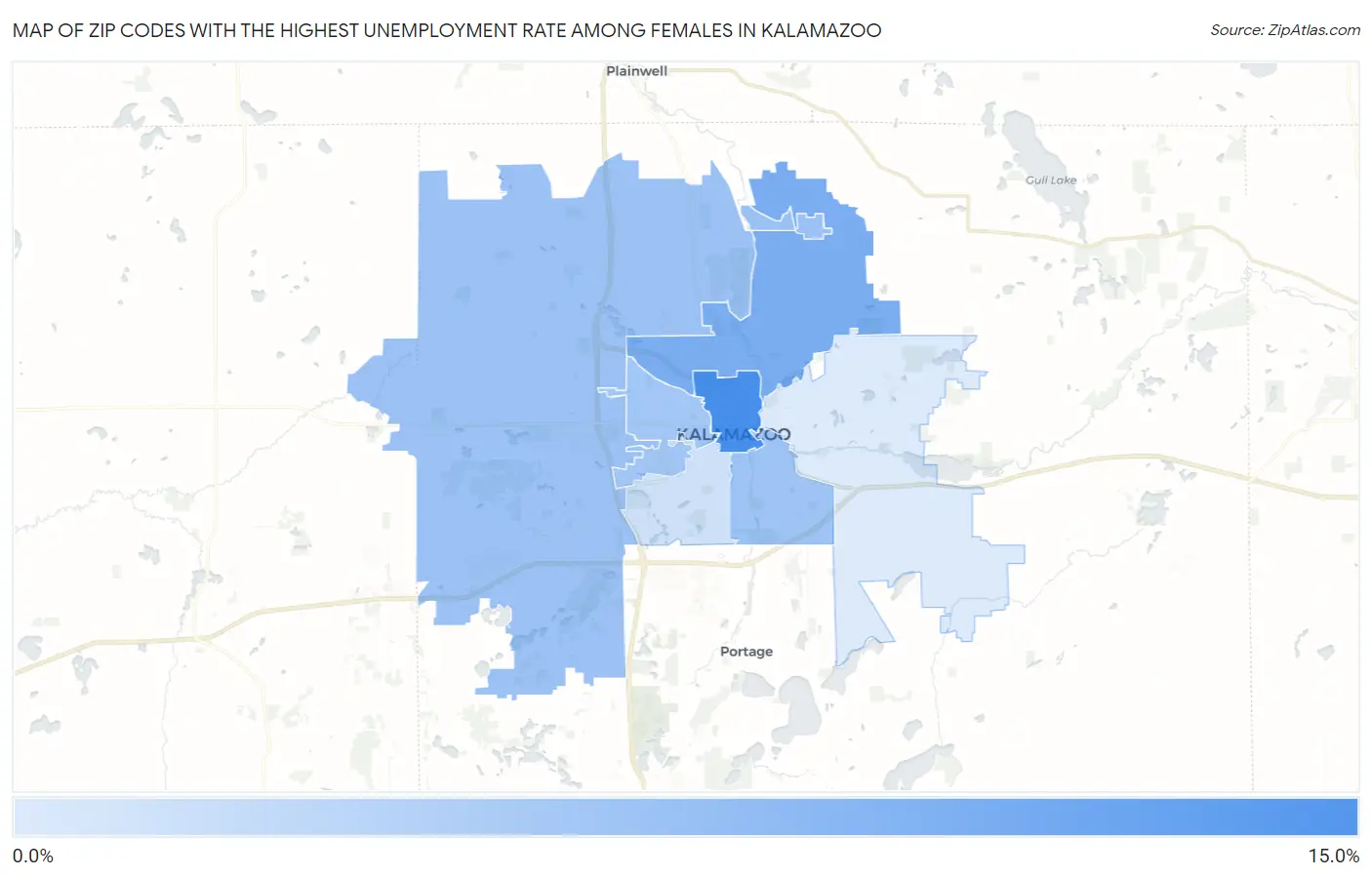 Zip Codes with the Highest Unemployment Rate Among Females in Kalamazoo Map