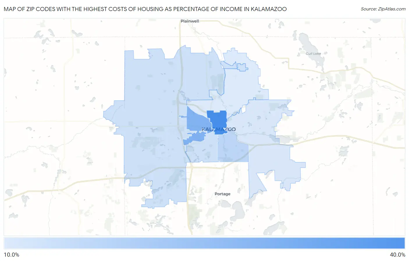 Zip Codes with the Highest Costs of Housing as Percentage of Income in Kalamazoo Map