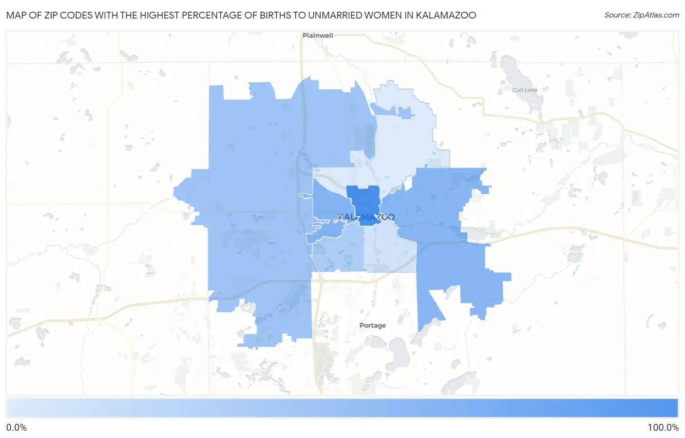 Zip Codes with the Highest Percentage of Births to Unmarried Women in Kalamazoo Map