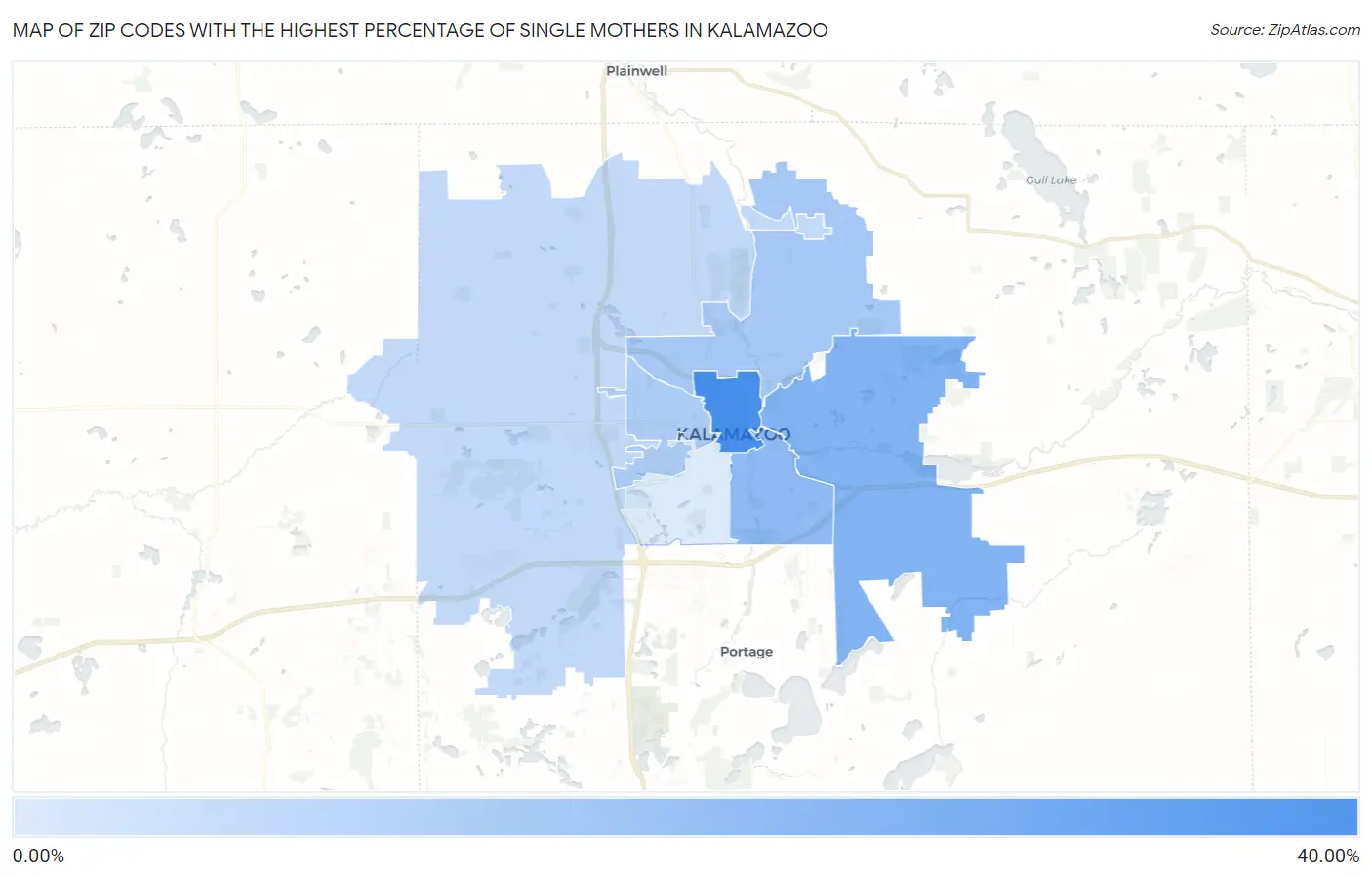 Zip Codes with the Highest Percentage of Single Mothers in Kalamazoo Map