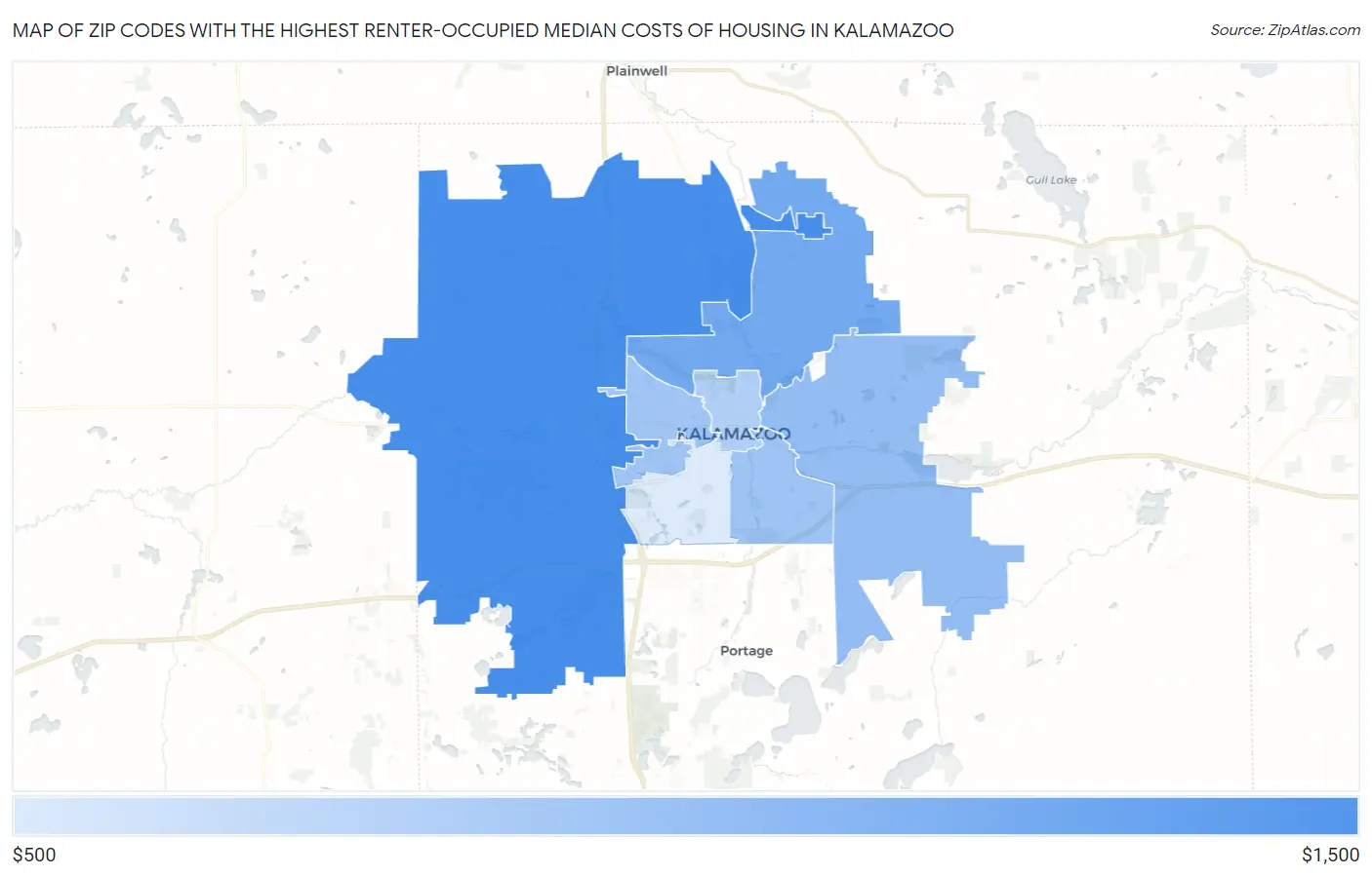Zip Codes with the Highest Renter-Occupied Median Costs of Housing in Kalamazoo Map
