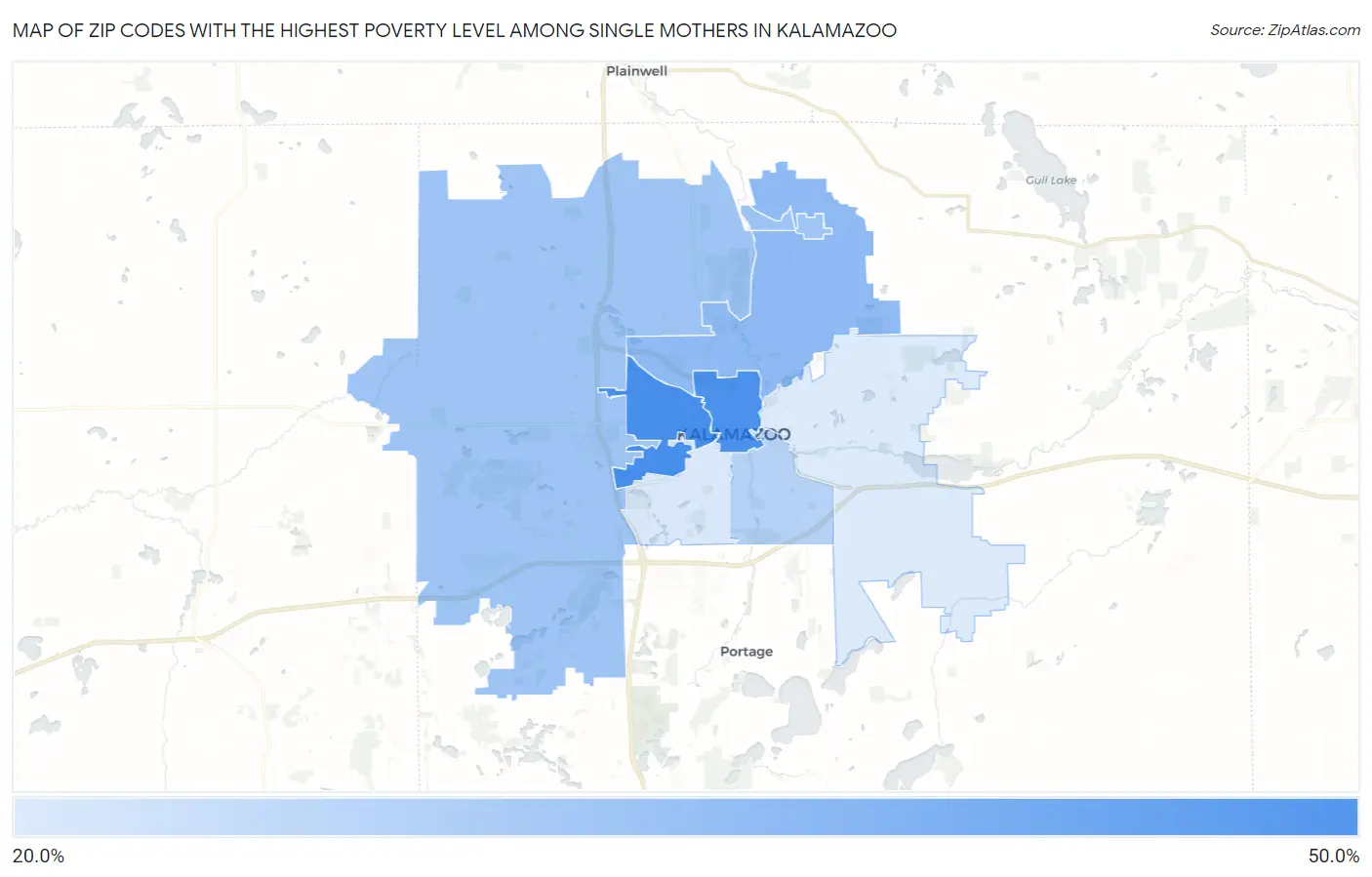 Zip Codes with the Highest Poverty Level Among Single Mothers in Kalamazoo Map