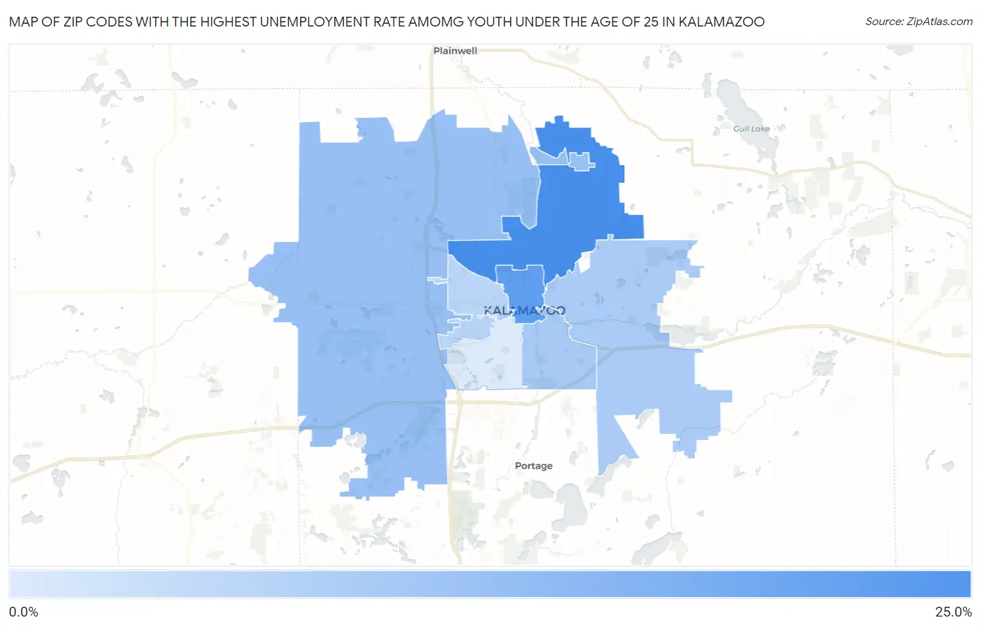 Zip Codes with the Highest Unemployment Rate Amomg Youth Under the Age of 25 in Kalamazoo Map