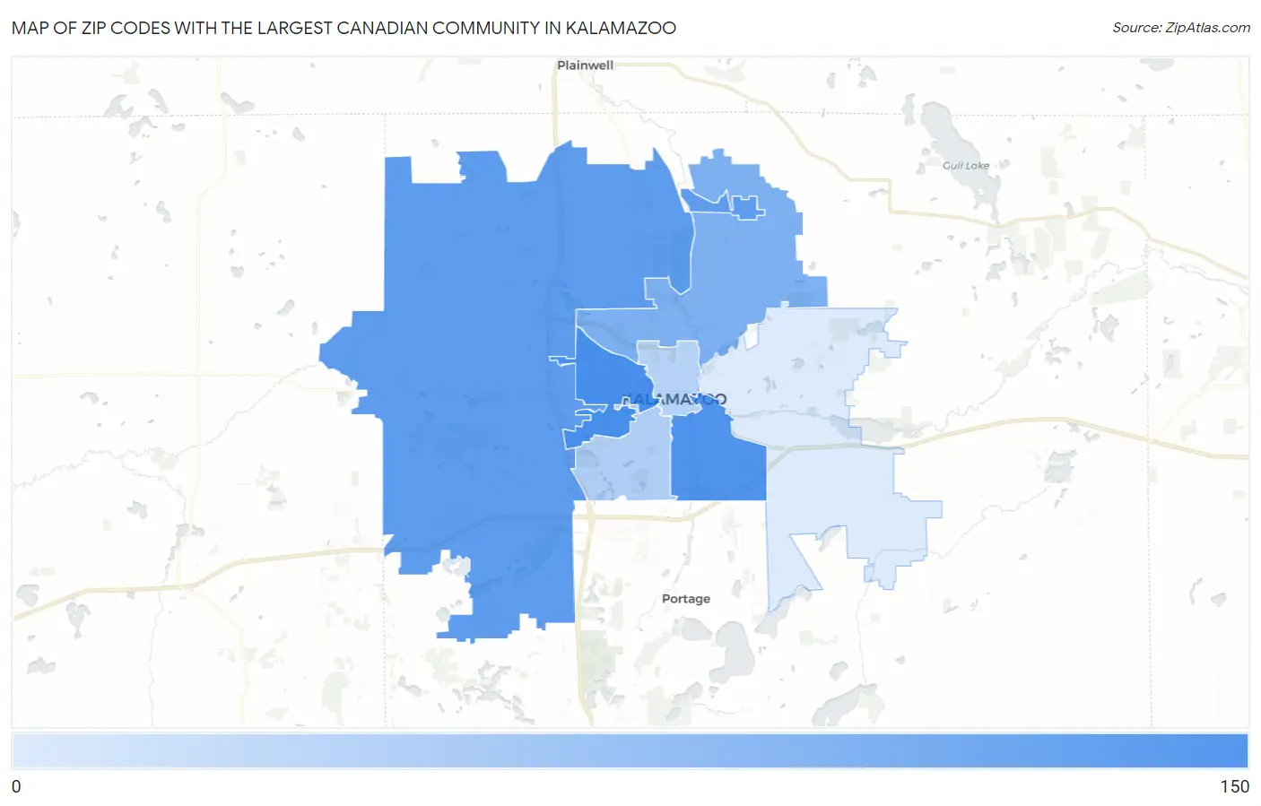 Zip Codes with the Largest Canadian Community in Kalamazoo Map