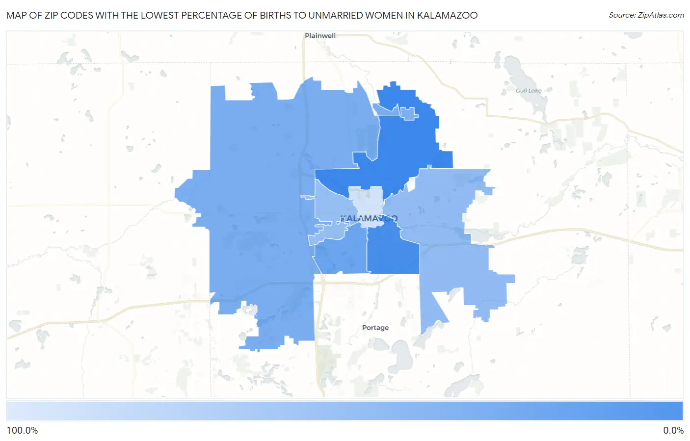 Zip Codes with the Lowest Percentage of Births to Unmarried Women in Kalamazoo Map