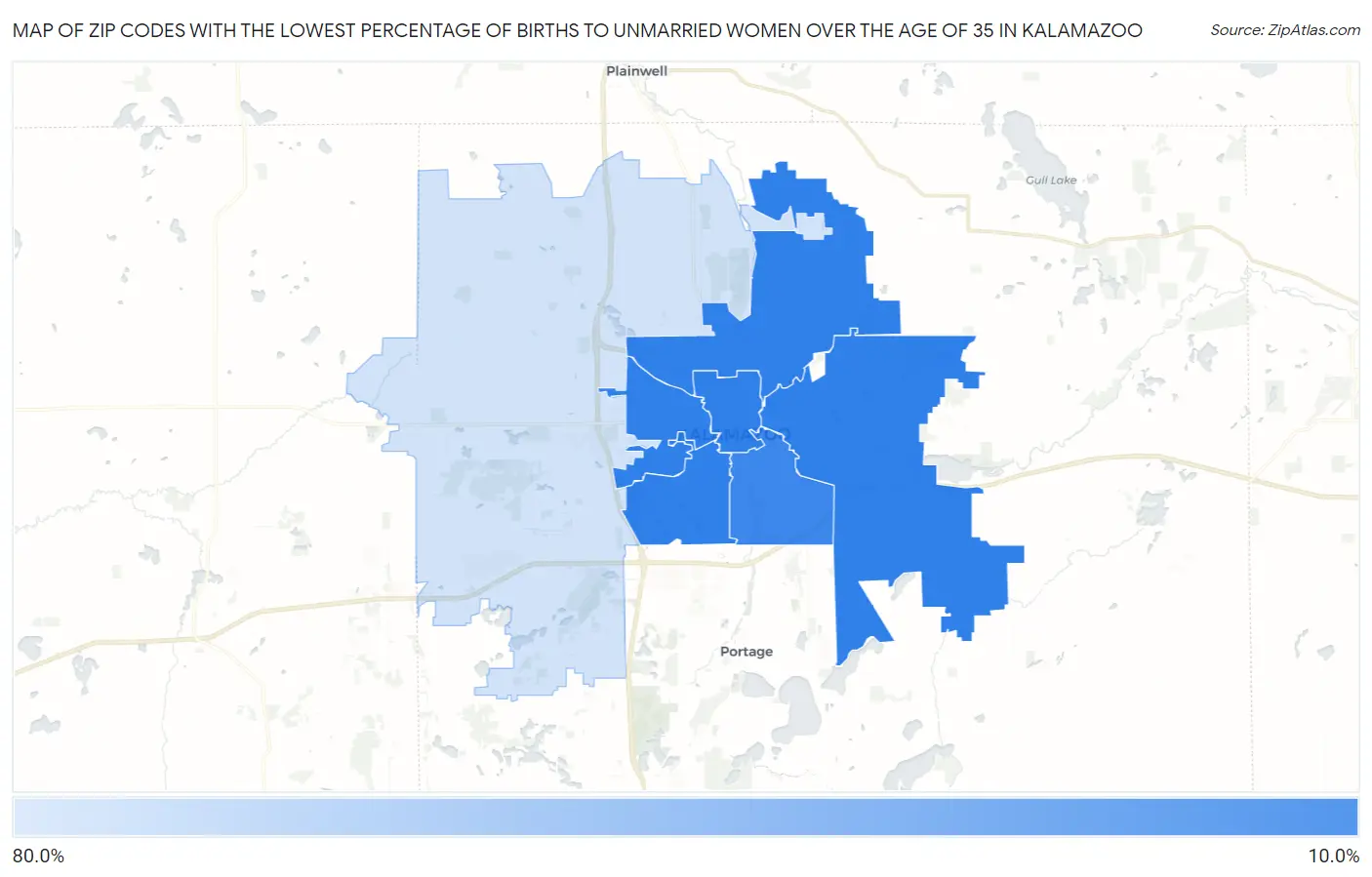 Zip Codes with the Lowest Percentage of Births to Unmarried Women over the Age of 35 in Kalamazoo Map