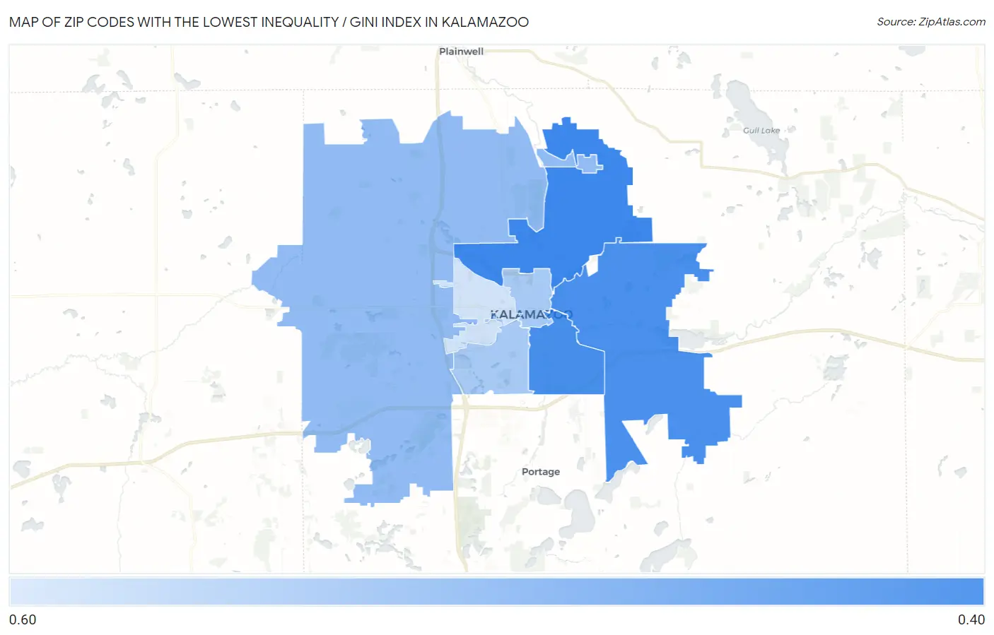 Zip Codes with the Lowest Inequality / Gini Index in Kalamazoo Map