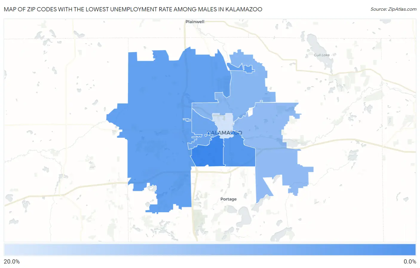 Zip Codes with the Lowest Unemployment Rate Among Males in Kalamazoo Map