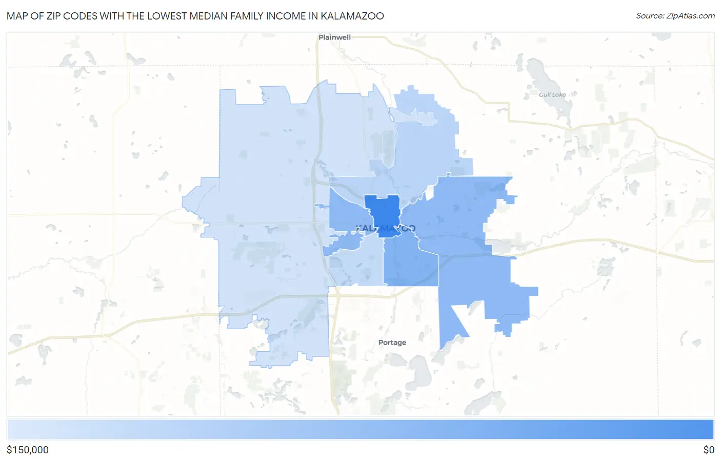 Zip Codes with the Lowest Median Family Income in Kalamazoo Map