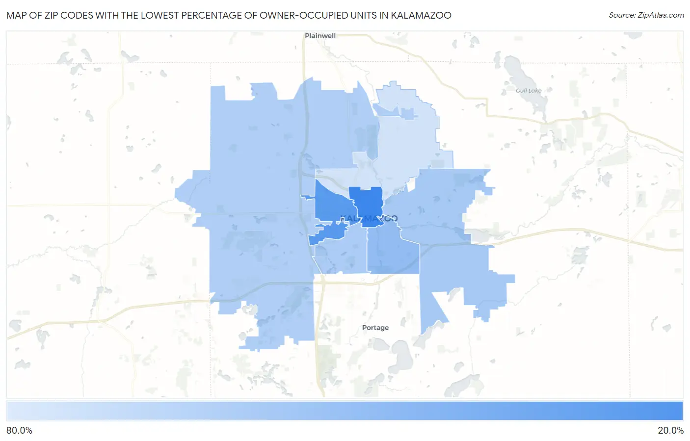 Zip Codes with the Lowest Percentage of Owner-Occupied Units in Kalamazoo Map