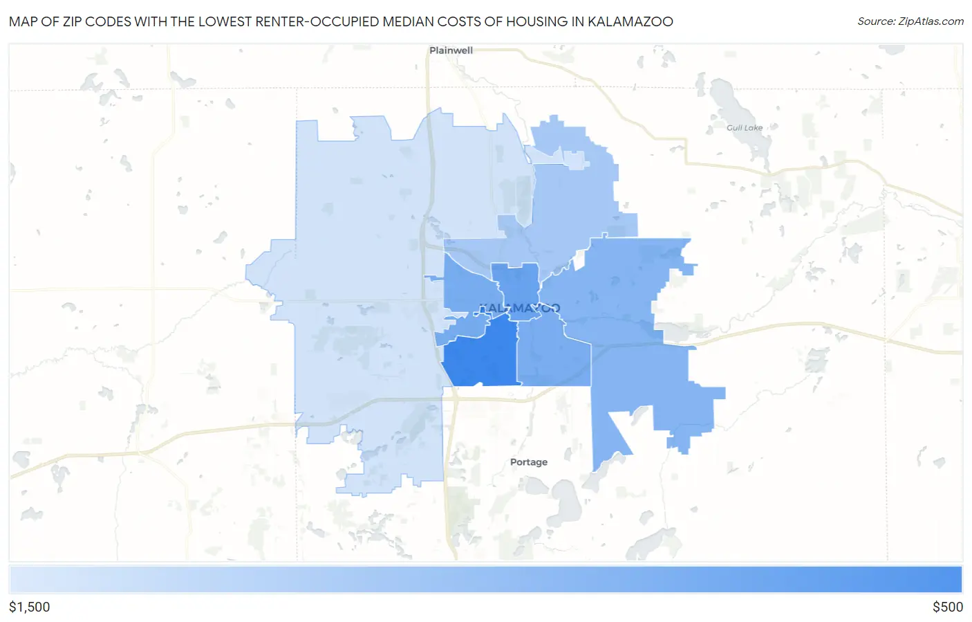 Zip Codes with the Lowest Renter-Occupied Median Costs of Housing in Kalamazoo Map