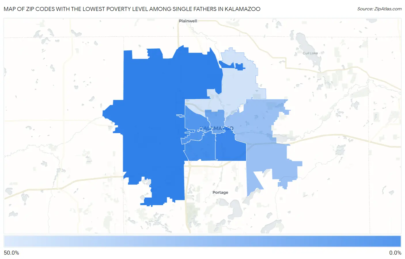 Zip Codes with the Lowest Poverty Level Among Single Fathers in Kalamazoo Map