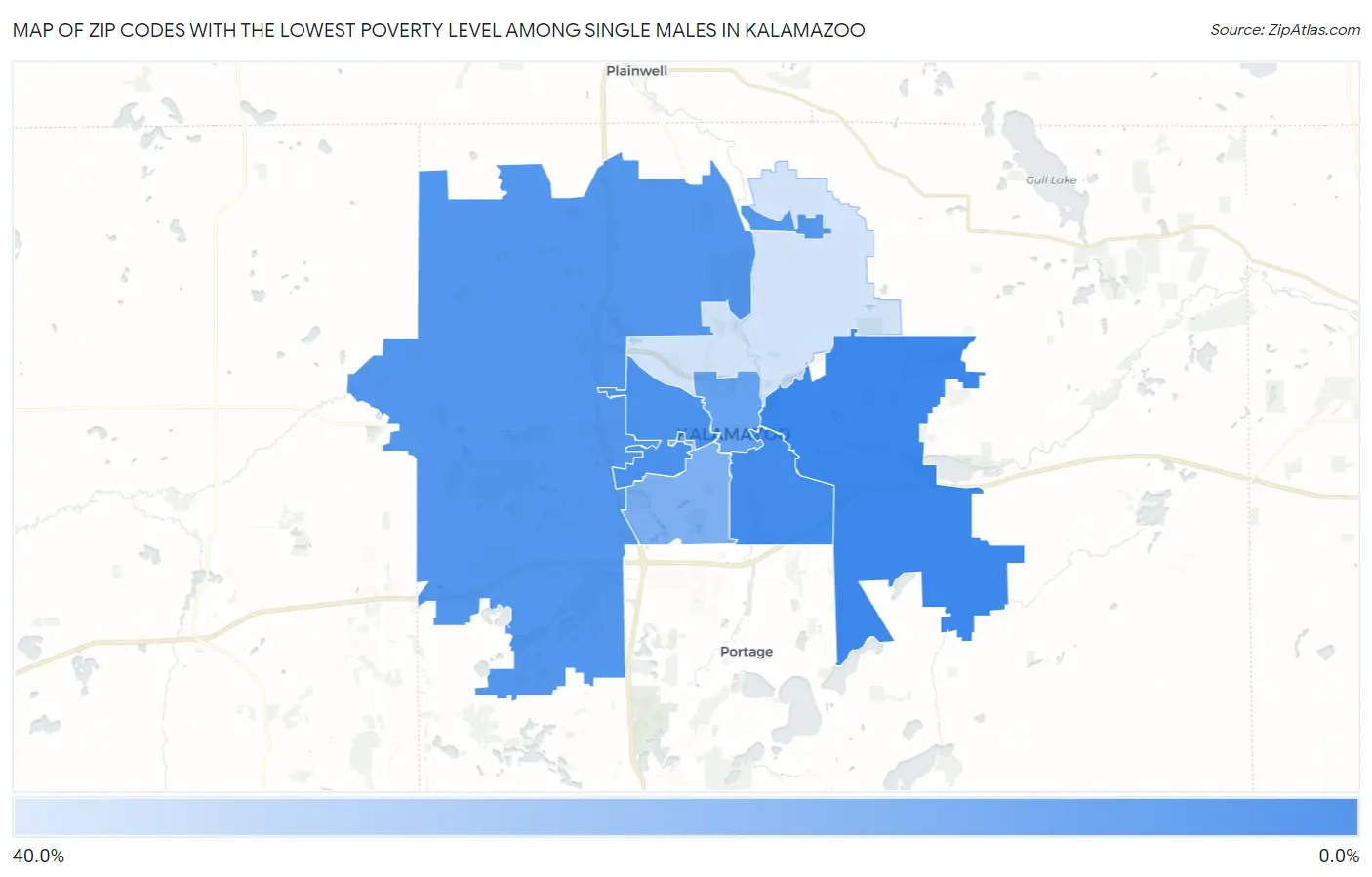 Zip Codes with the Lowest Poverty Level Among Single Males in Kalamazoo Map