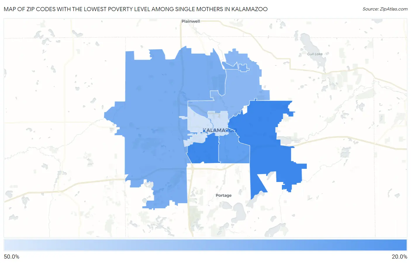 Zip Codes with the Lowest Poverty Level Among Single Mothers in Kalamazoo Map
