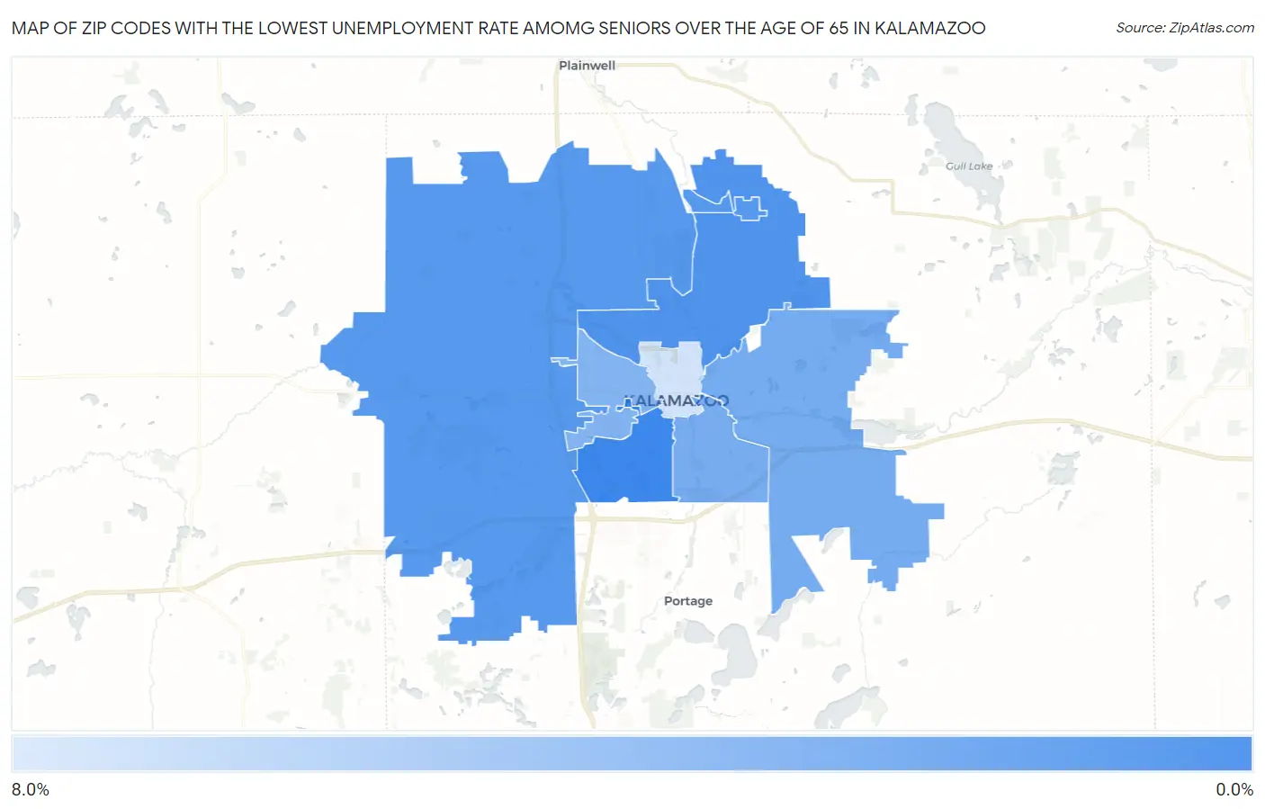 Zip Codes with the Lowest Unemployment Rate Amomg Seniors Over the Age of 65 in Kalamazoo Map
