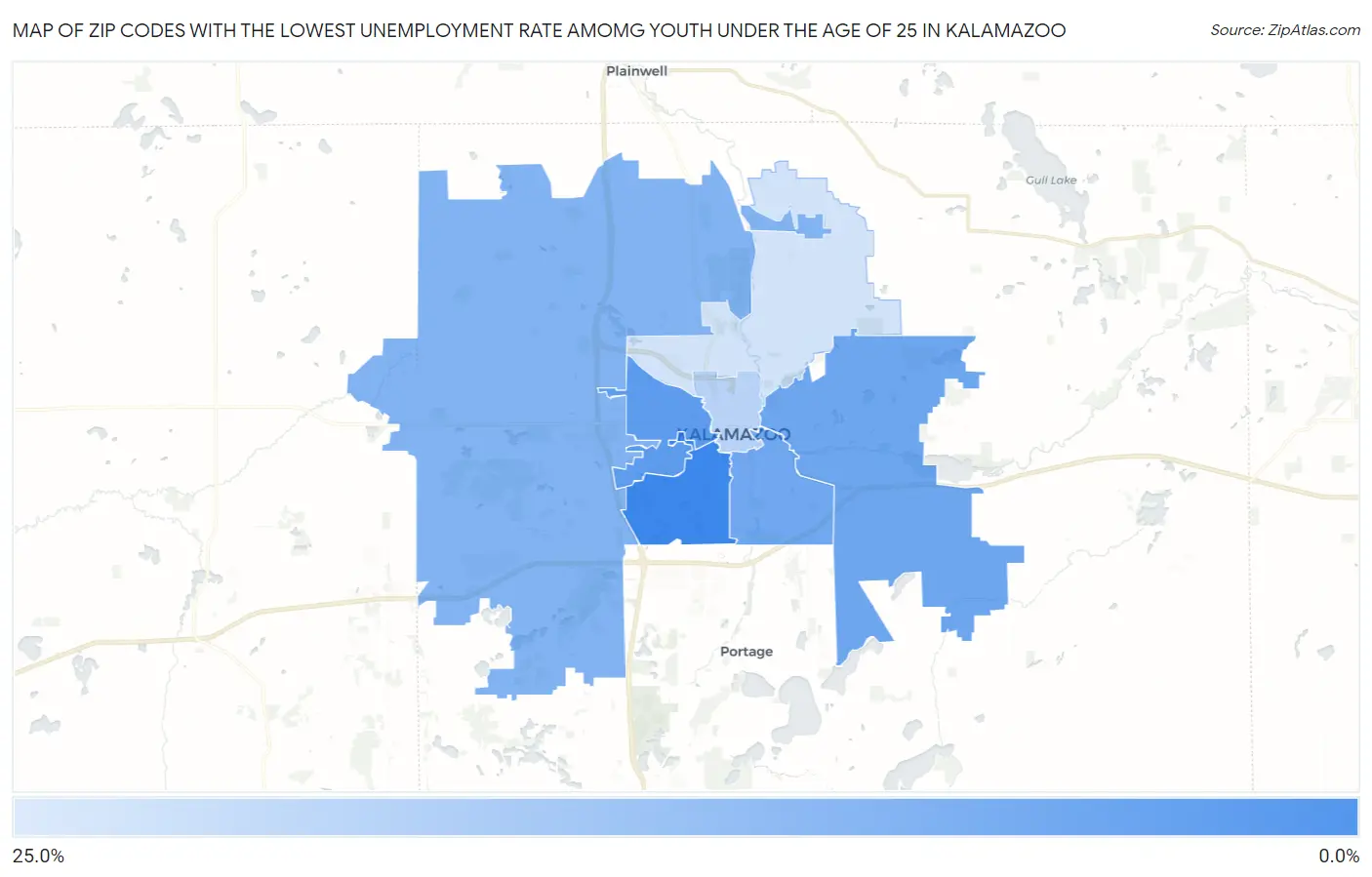 Zip Codes with the Lowest Unemployment Rate Amomg Youth Under the Age of 25 in Kalamazoo Map