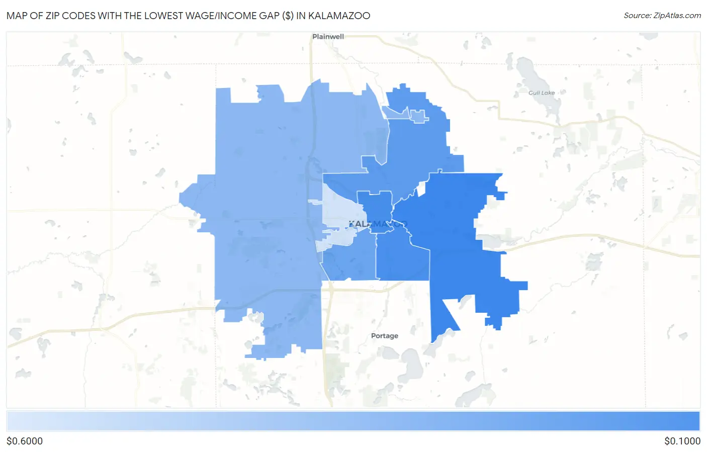 Zip Codes with the Lowest Wage/Income Gap ($) in Kalamazoo Map