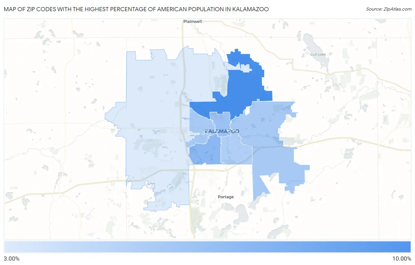 Zip Codes with the Highest Percentage of American Population in Kalamazoo Map