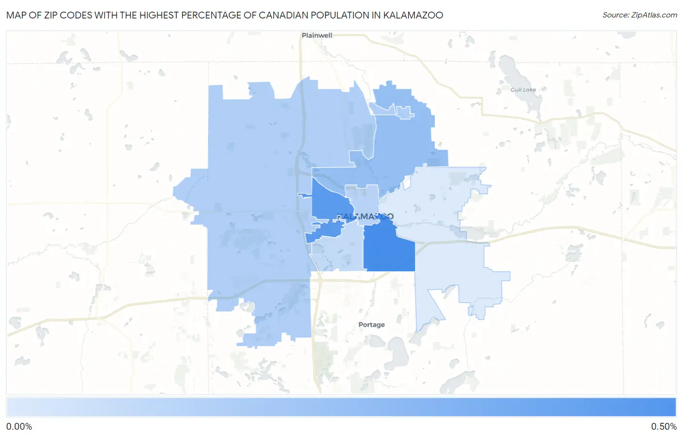 Zip Codes with the Highest Percentage of Canadian Population in Kalamazoo Map