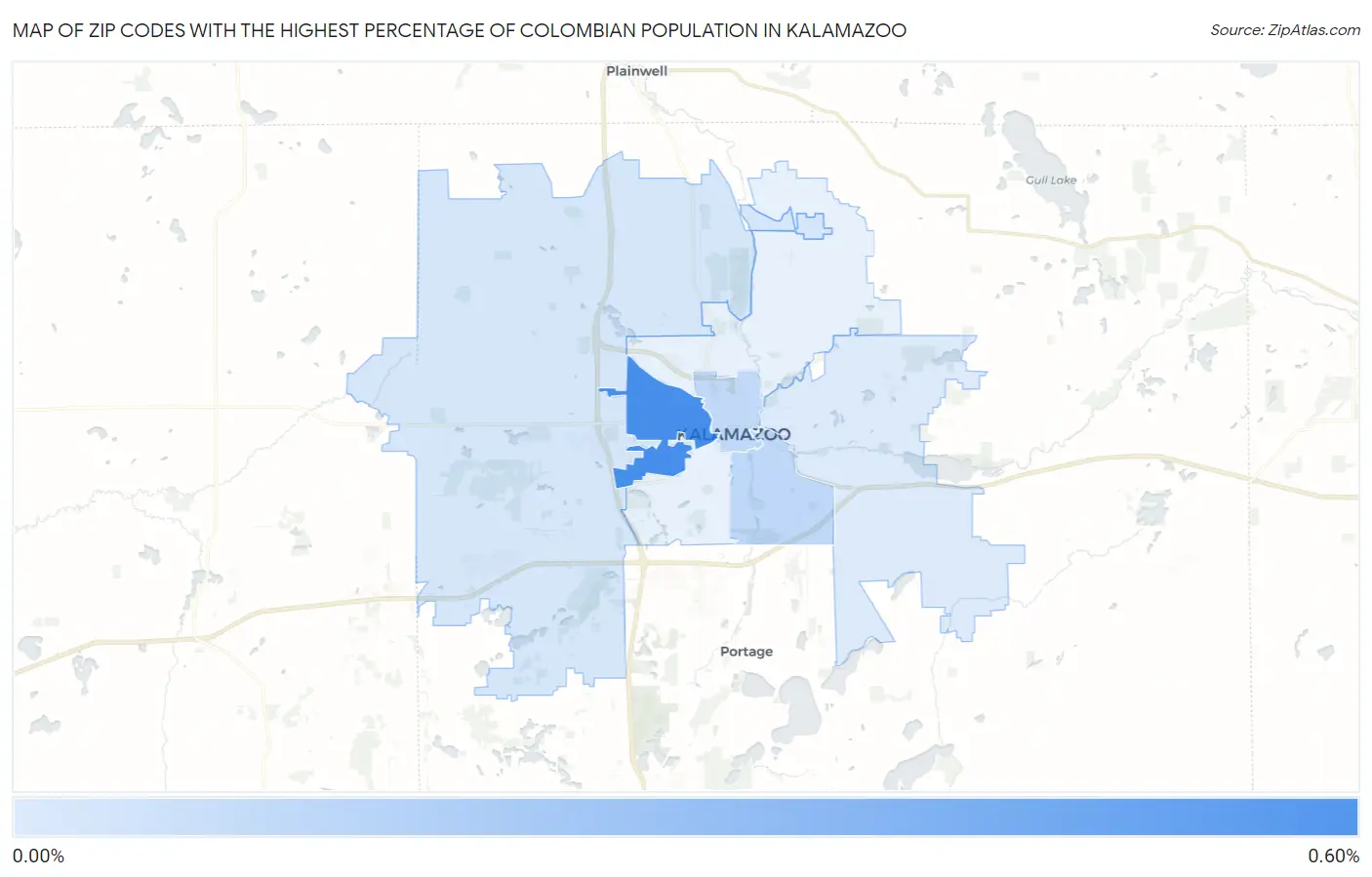 Zip Codes with the Highest Percentage of Colombian Population in Kalamazoo Map