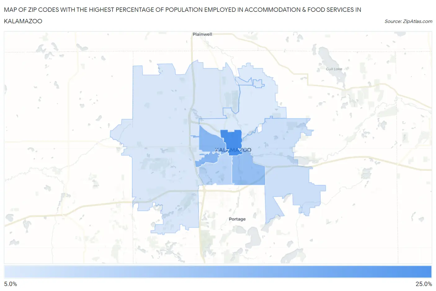 Zip Codes with the Highest Percentage of Population Employed in Accommodation & Food Services in Kalamazoo Map