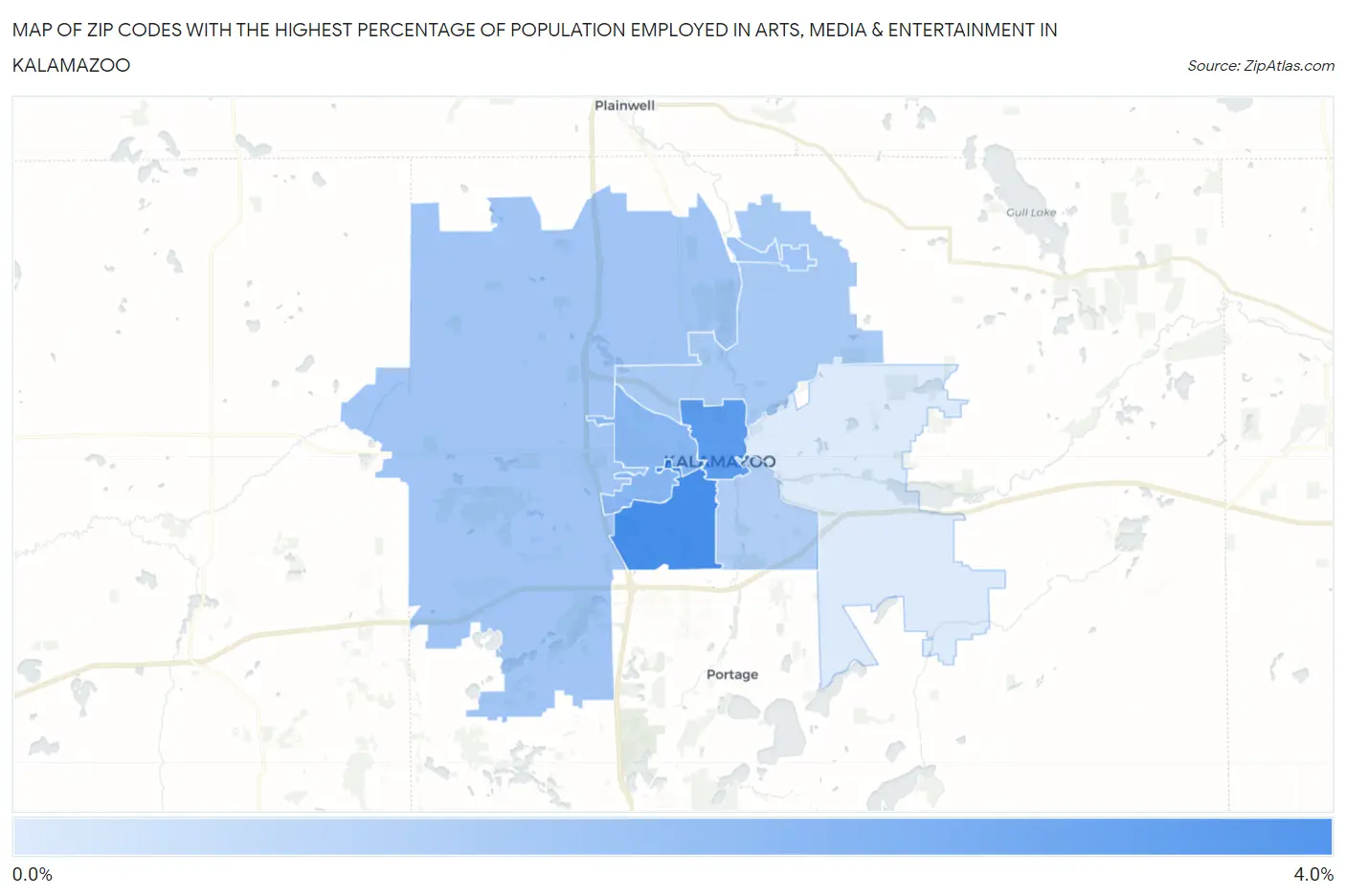 Zip Codes with the Highest Percentage of Population Employed in Arts, Media & Entertainment in Kalamazoo Map