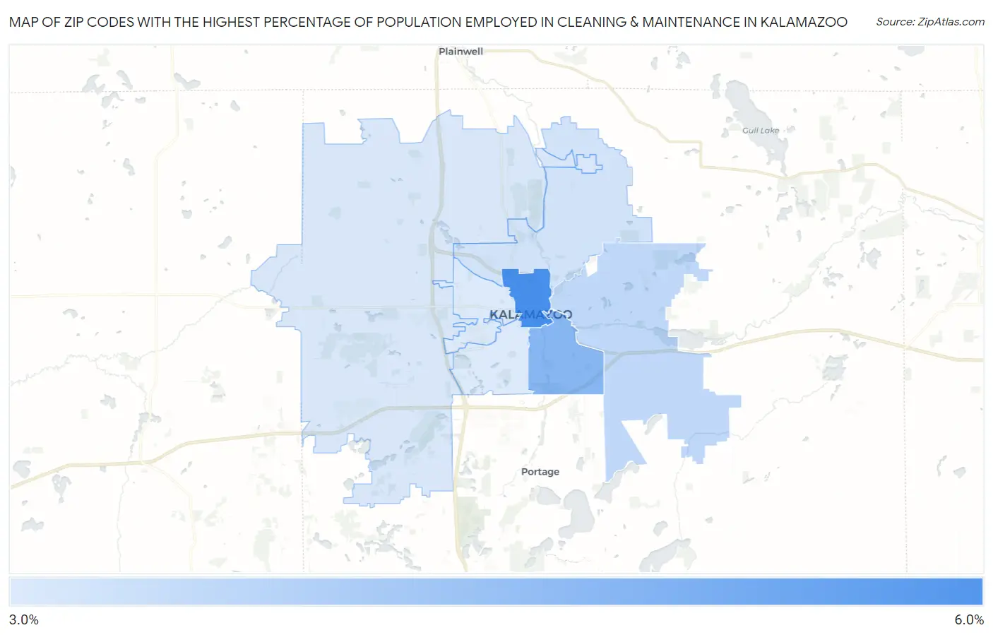 Zip Codes with the Highest Percentage of Population Employed in Cleaning & Maintenance in Kalamazoo Map