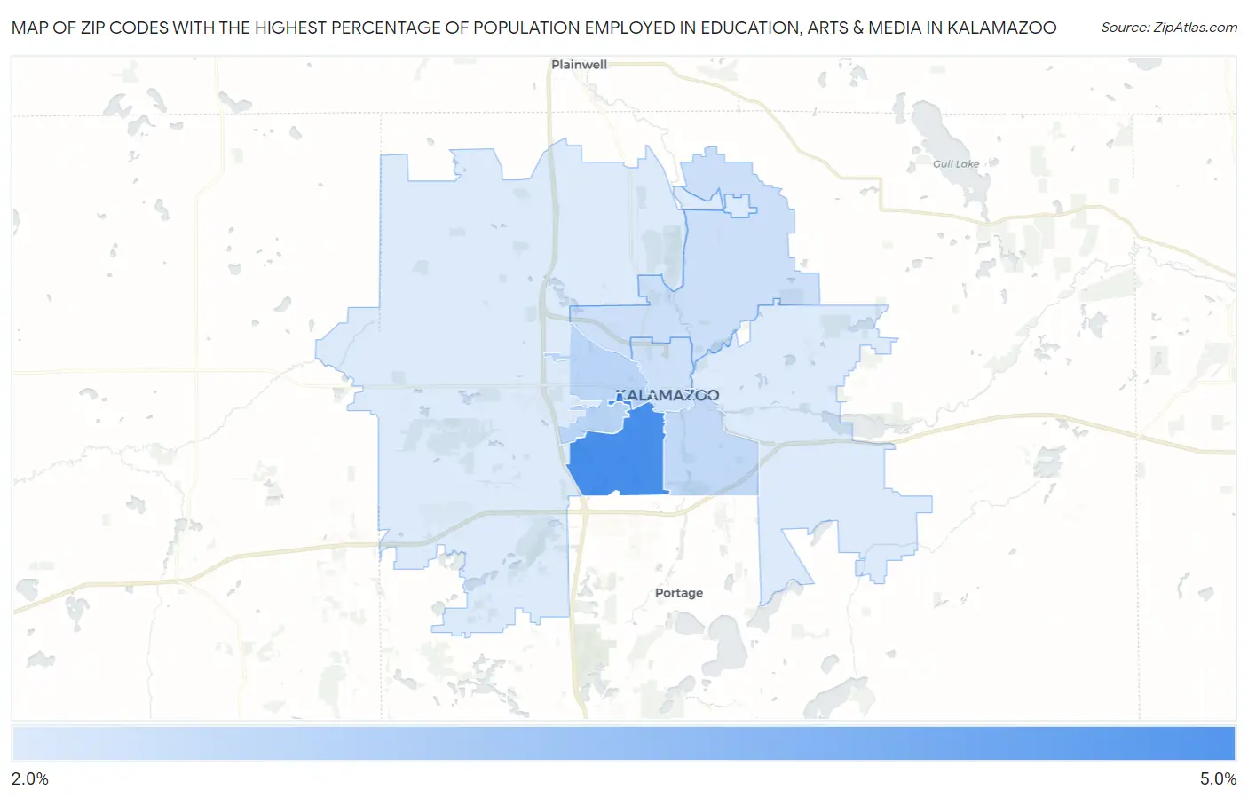 Zip Codes with the Highest Percentage of Population Employed in Education, Arts & Media in Kalamazoo Map