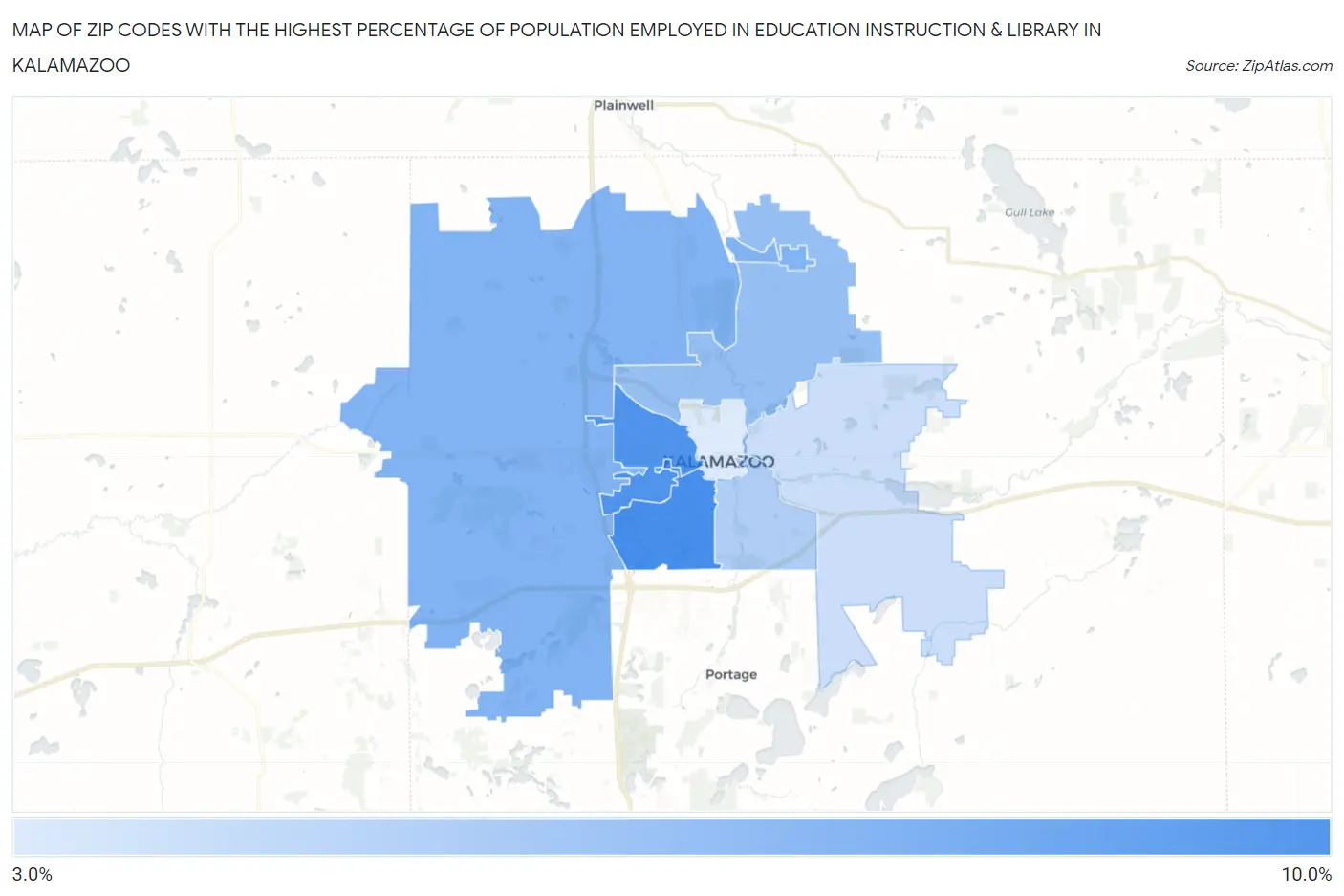 Zip Codes with the Highest Percentage of Population Employed in Education Instruction & Library in Kalamazoo Map