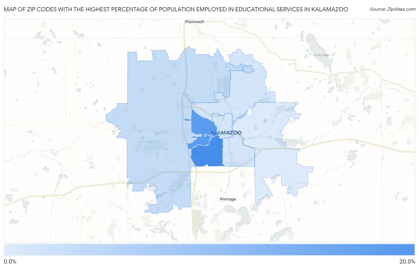 Zip Codes with the Highest Percentage of Population Employed in Educational Services in Kalamazoo Map