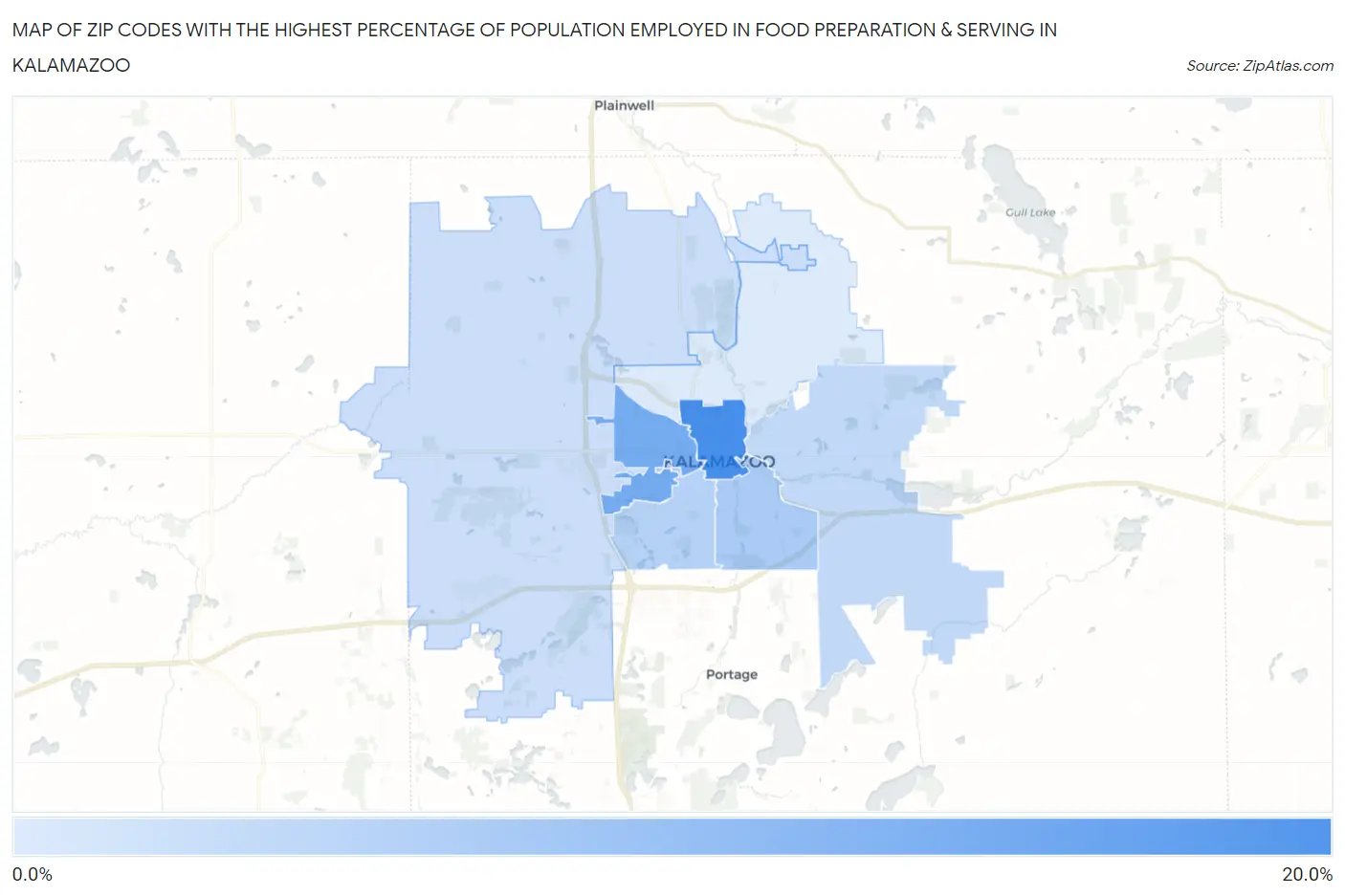 Zip Codes with the Highest Percentage of Population Employed in Food Preparation & Serving in Kalamazoo Map