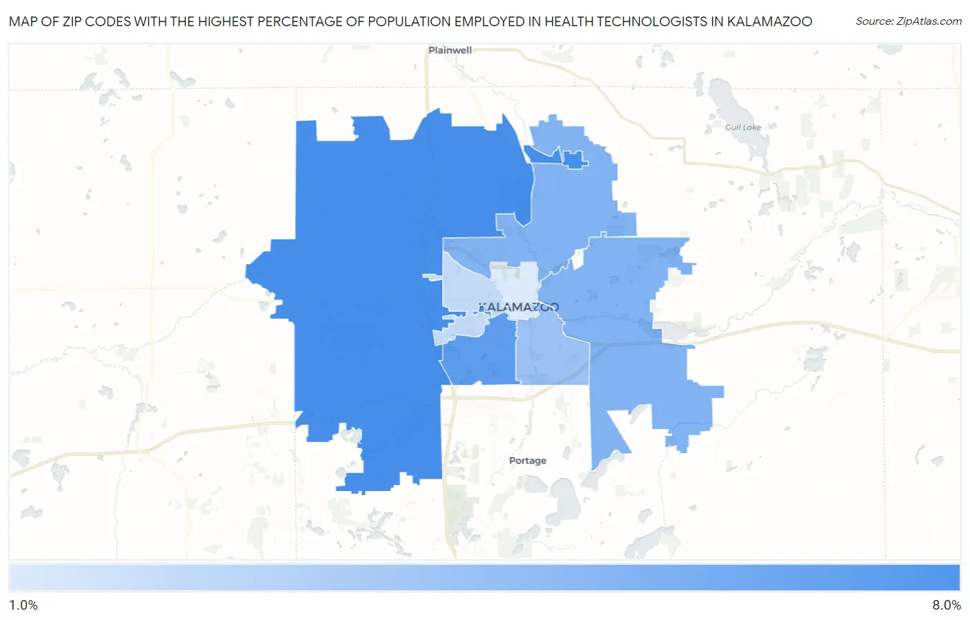 Zip Codes with the Highest Percentage of Population Employed in Health Technologists in Kalamazoo Map