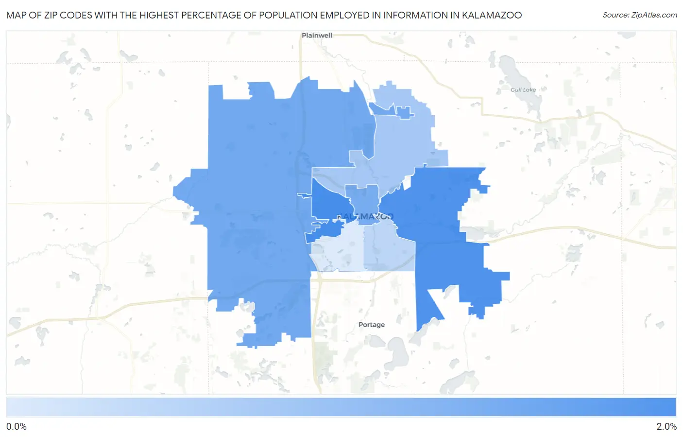 Zip Codes with the Highest Percentage of Population Employed in Information in Kalamazoo Map