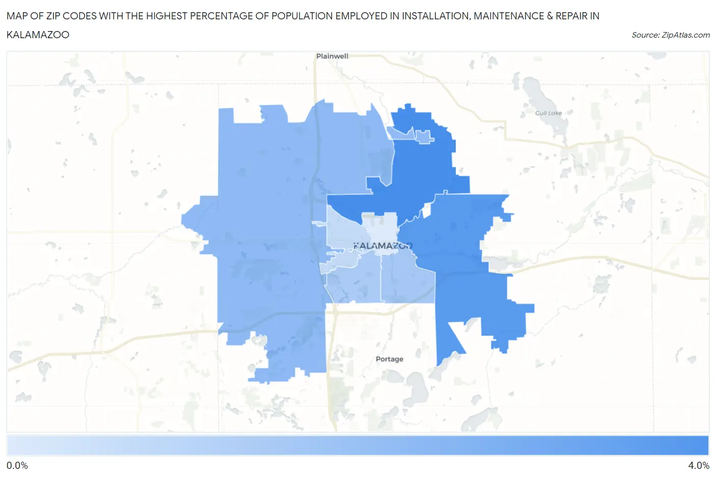 Zip Codes with the Highest Percentage of Population Employed in Installation, Maintenance & Repair in Kalamazoo Map