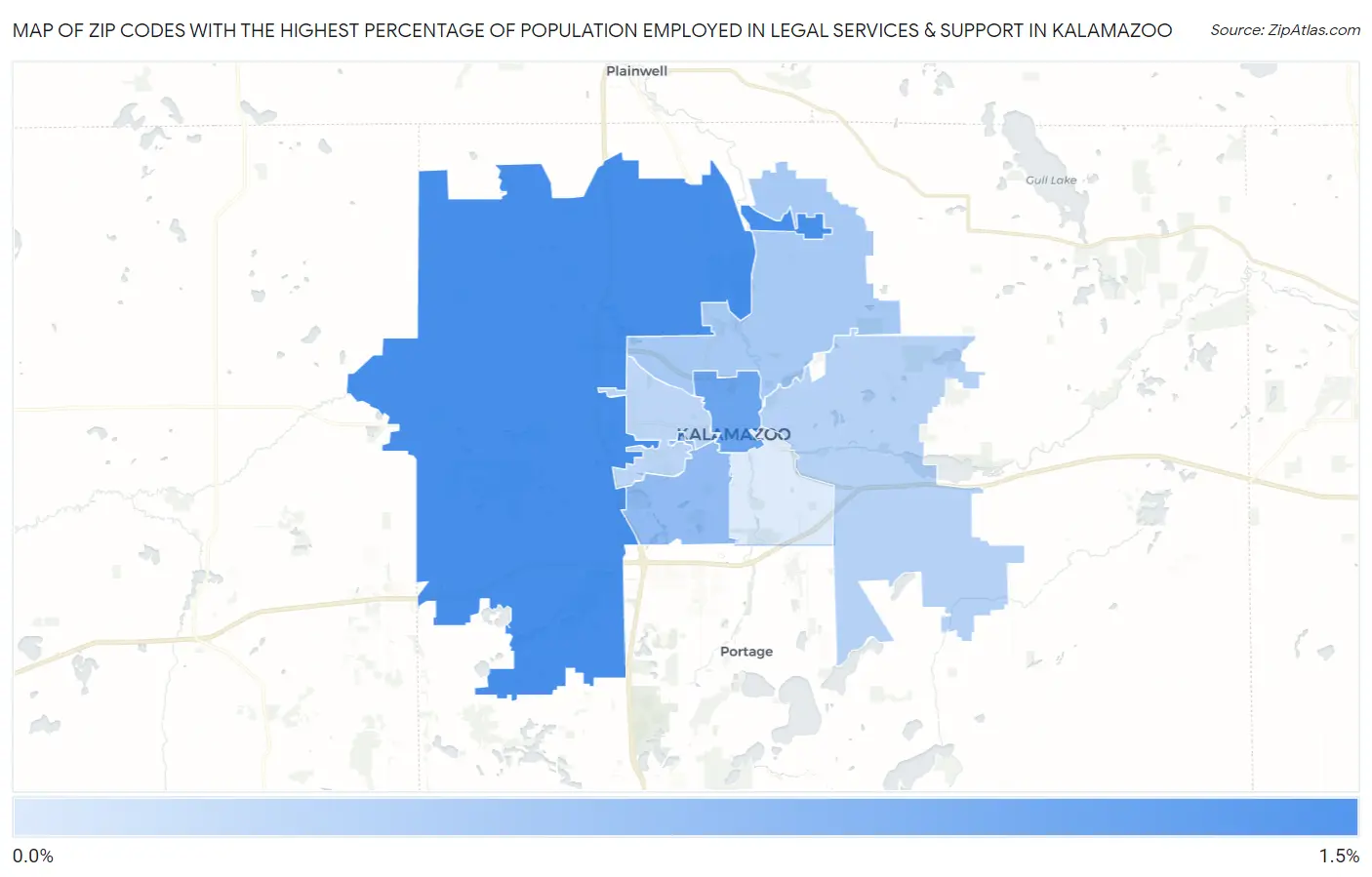 Zip Codes with the Highest Percentage of Population Employed in Legal Services & Support in Kalamazoo Map