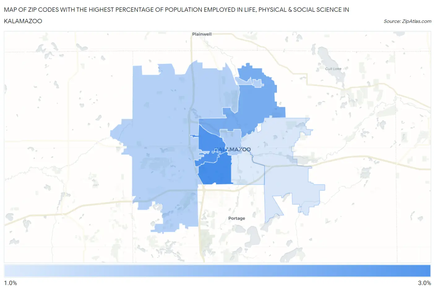 Zip Codes with the Highest Percentage of Population Employed in Life, Physical & Social Science in Kalamazoo Map