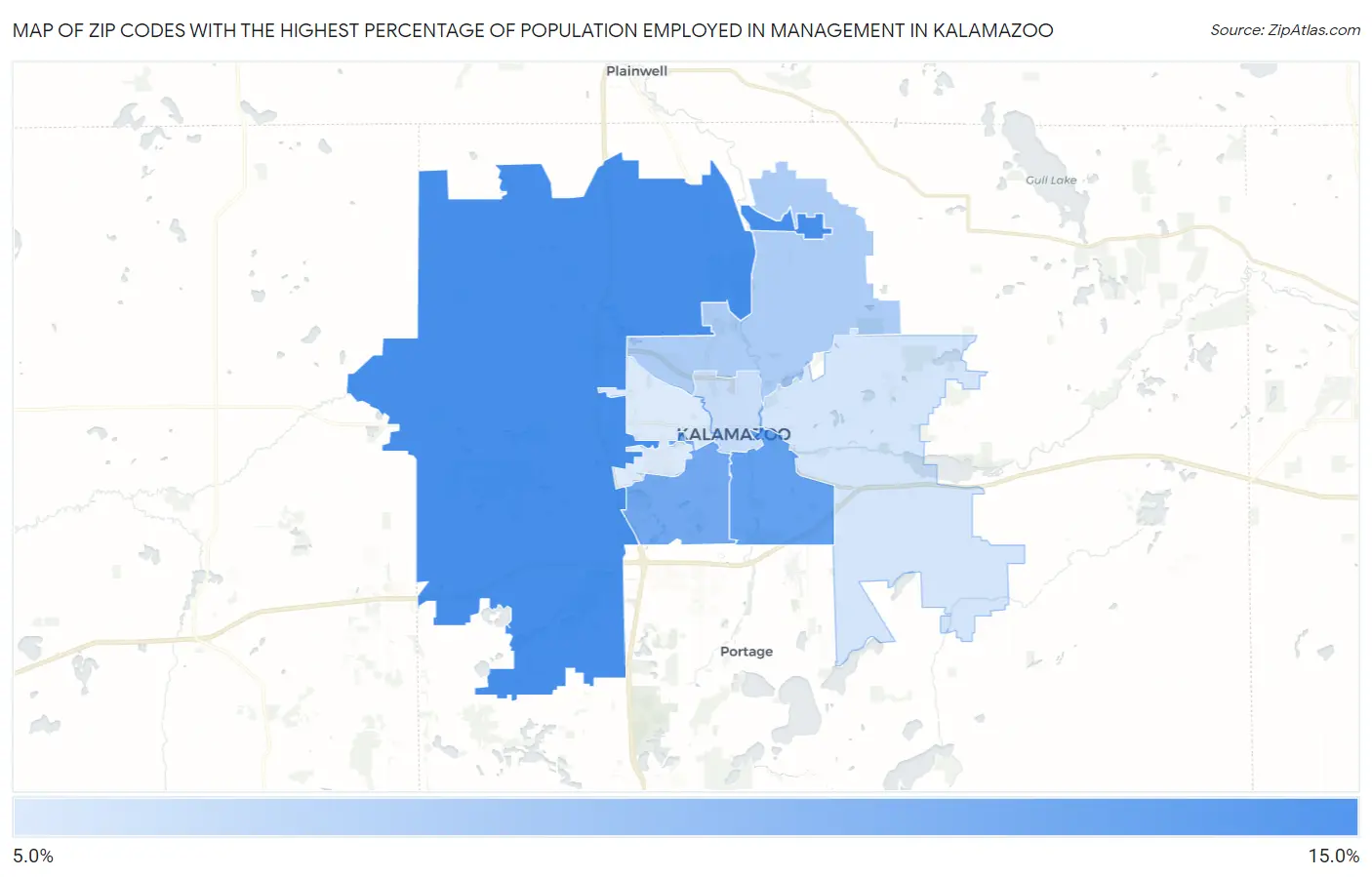 Zip Codes with the Highest Percentage of Population Employed in Management in Kalamazoo Map