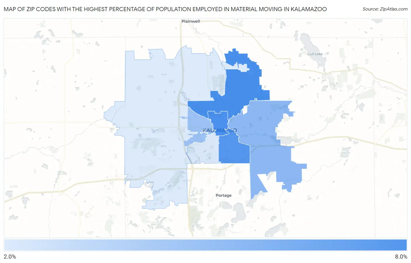 Zip Codes with the Highest Percentage of Population Employed in Material Moving in Kalamazoo Map