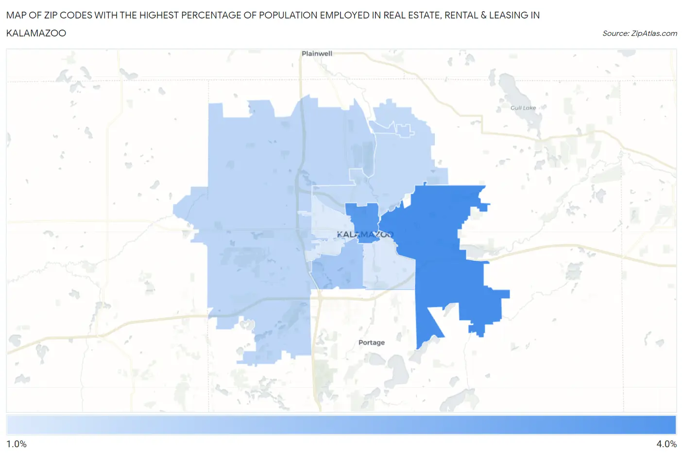 Zip Codes with the Highest Percentage of Population Employed in Real Estate, Rental & Leasing in Kalamazoo Map