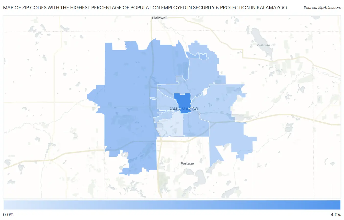 Zip Codes with the Highest Percentage of Population Employed in Security & Protection in Kalamazoo Map