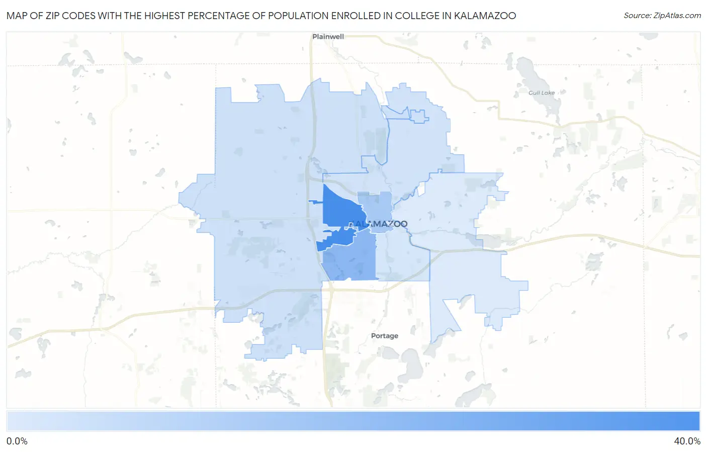 Zip Codes with the Highest Percentage of Population Enrolled in College in Kalamazoo Map