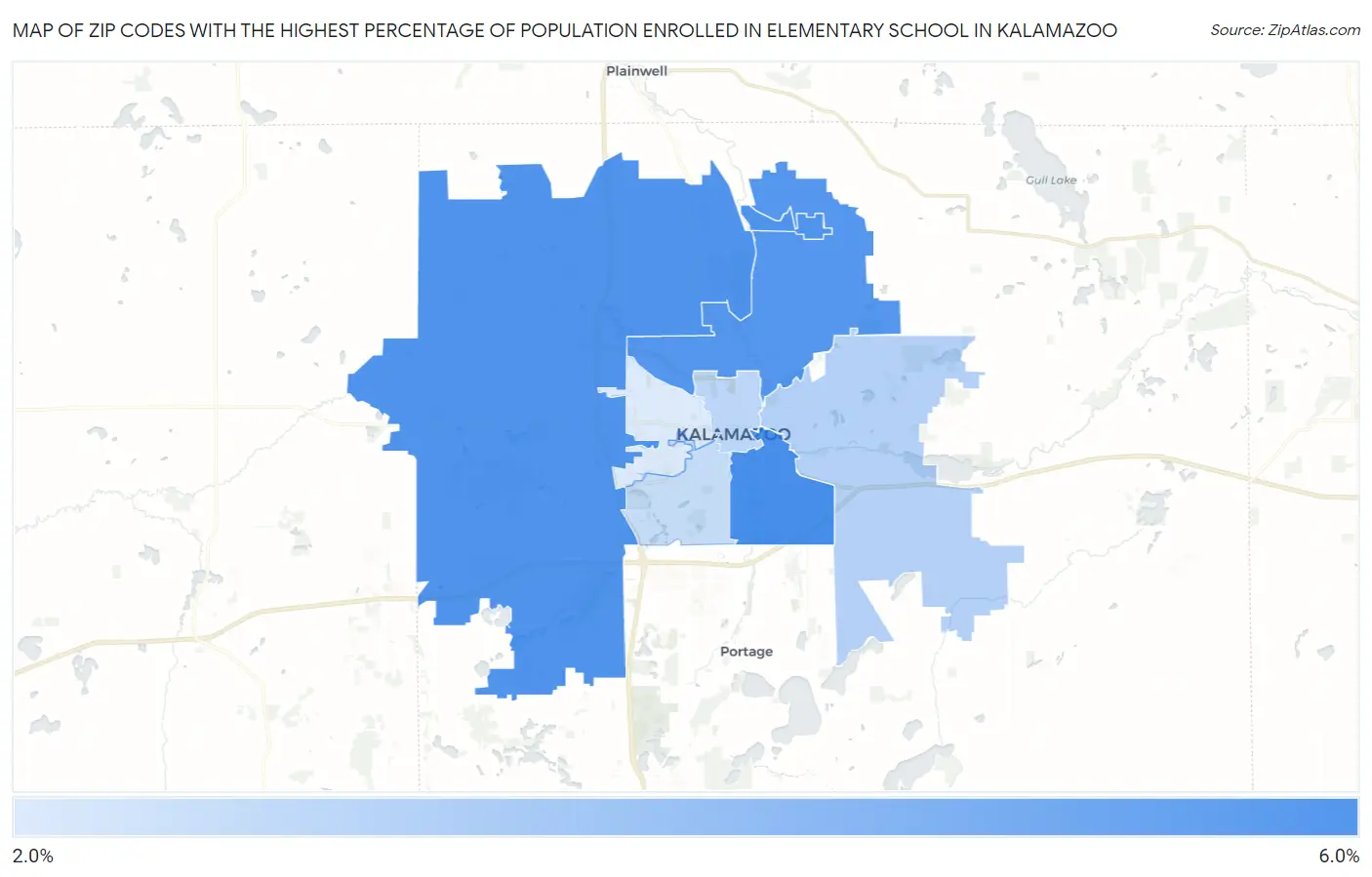Zip Codes with the Highest Percentage of Population Enrolled in Elementary School in Kalamazoo Map