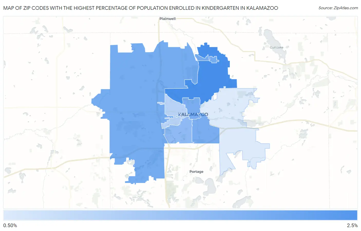 Zip Codes with the Highest Percentage of Population Enrolled in Kindergarten in Kalamazoo Map