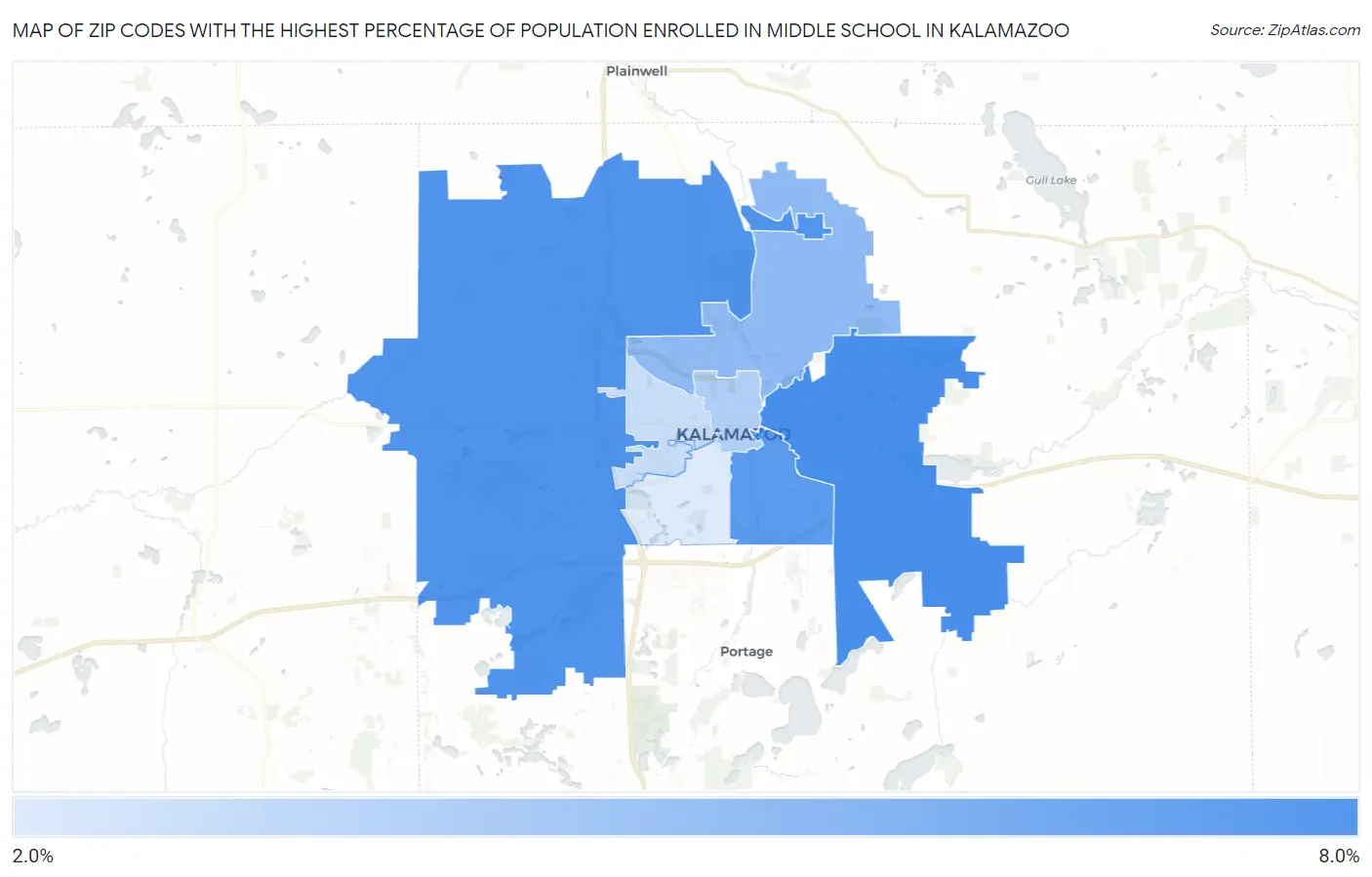 Zip Codes with the Highest Percentage of Population Enrolled in Middle School in Kalamazoo Map