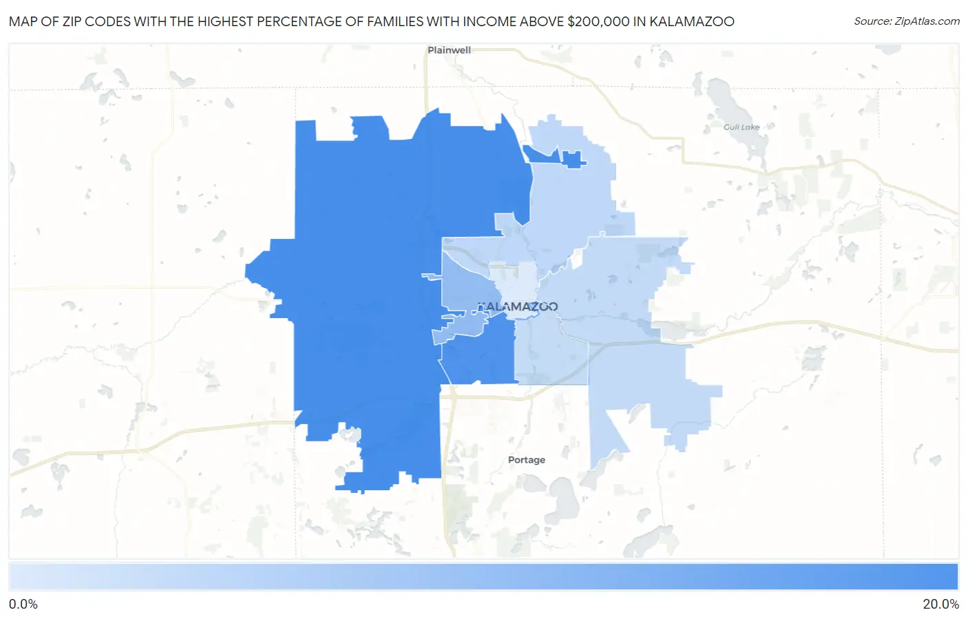 Zip Codes with the Highest Percentage of Families with Income Above $200,000 in Kalamazoo Map