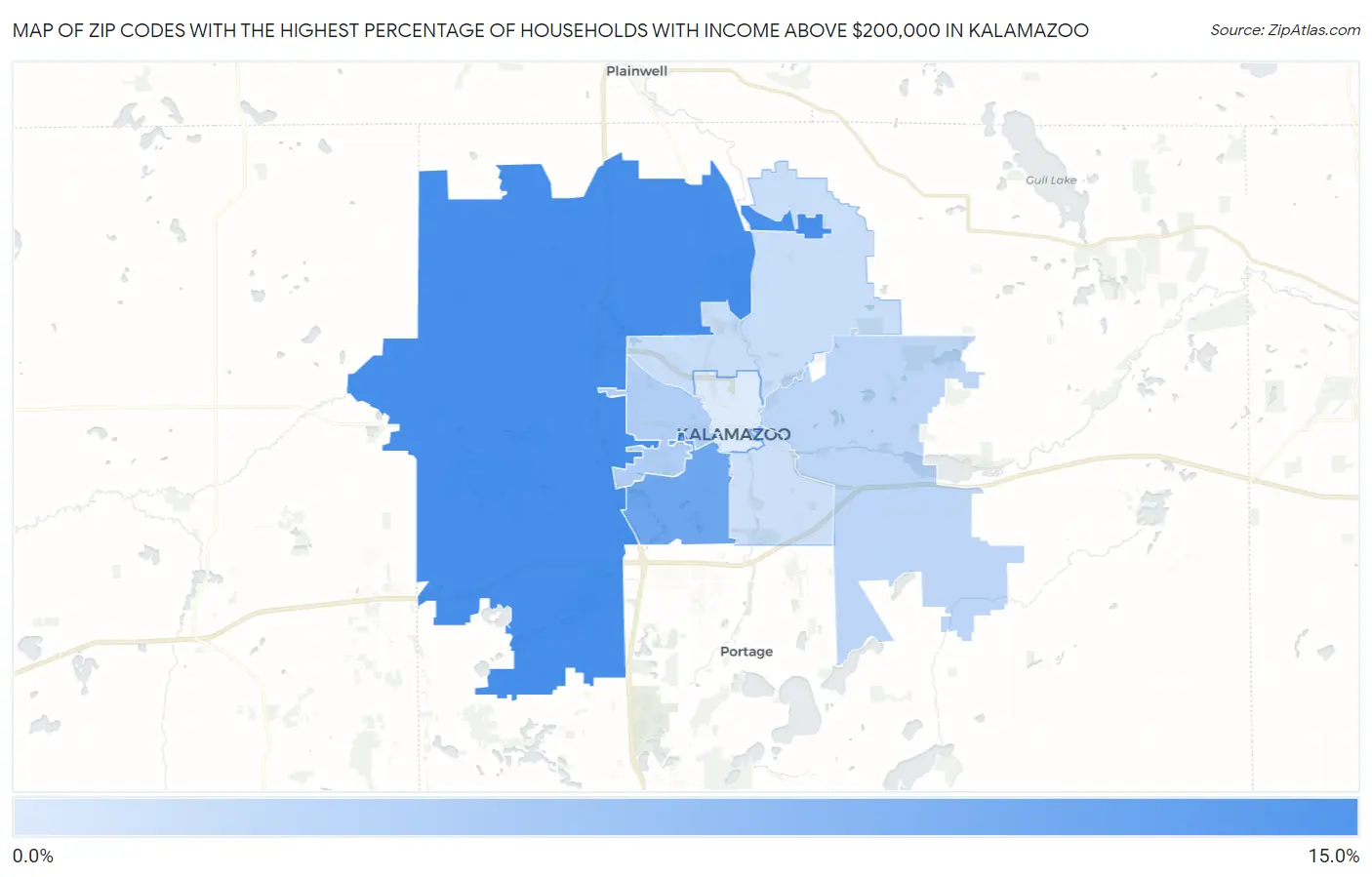 Zip Codes with the Highest Percentage of Households with Income Above $200,000 in Kalamazoo Map