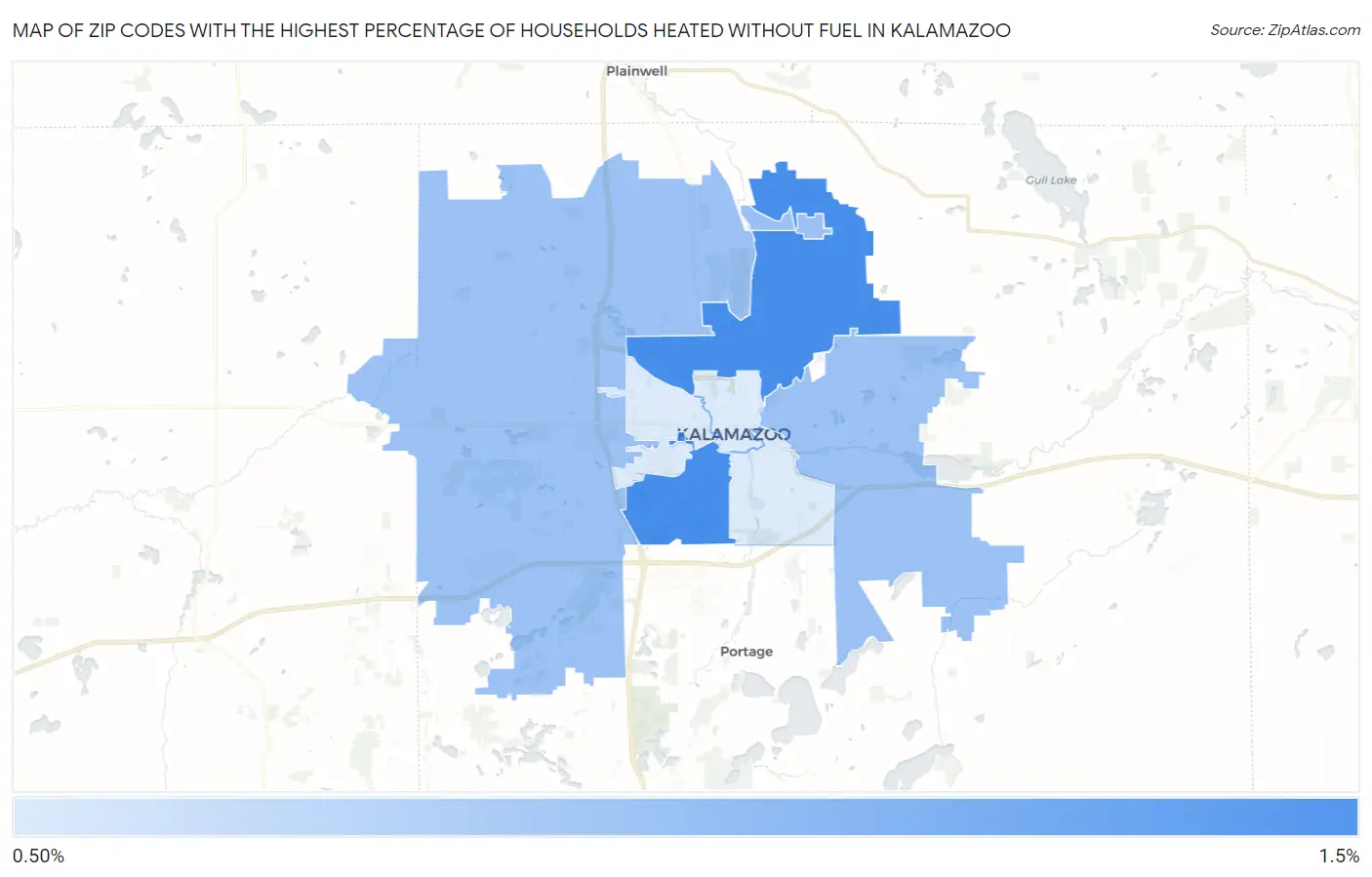 Zip Codes with the Highest Percentage of Households Heated without Fuel in Kalamazoo Map