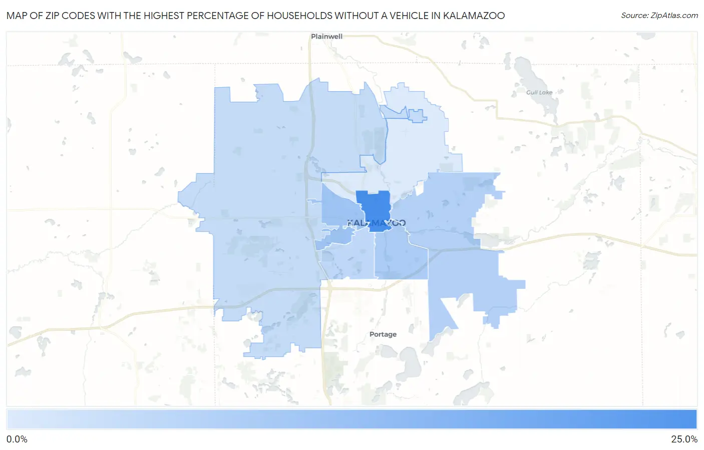 Zip Codes with the Highest Percentage of Households Without a Vehicle in Kalamazoo Map