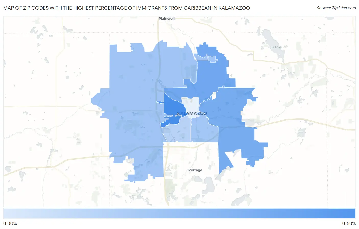 Zip Codes with the Highest Percentage of Immigrants from Caribbean in Kalamazoo Map